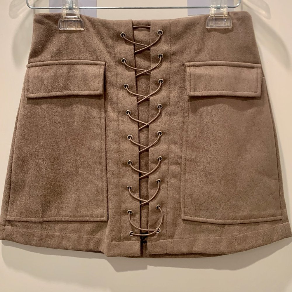 Taupe Faux Suede Lace Up Front Pencil Mini Skirt